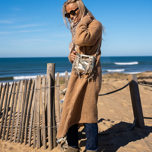 mini sac bandoulière en cuir avec frange dore brillant