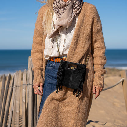 Mini sac bandoulière en chaine avec frange en cuir nubuck Majeline
