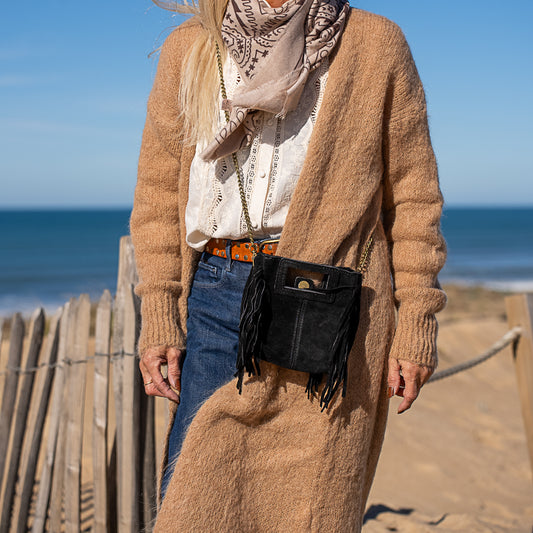 Mini sac bandoulière en chaine avec frange en cuir nubuck Majeline