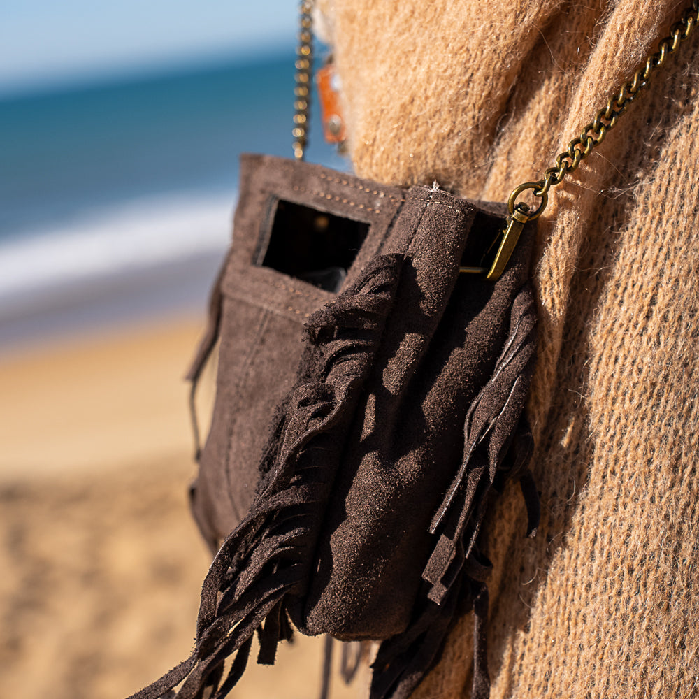 Mini sac bandoulière en chaine avec frange en cuir nubuck Majeline