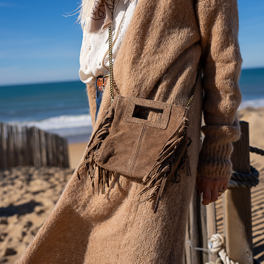 Mini sac bandoulière en chaine avec frange en cuir nubuck Majeline