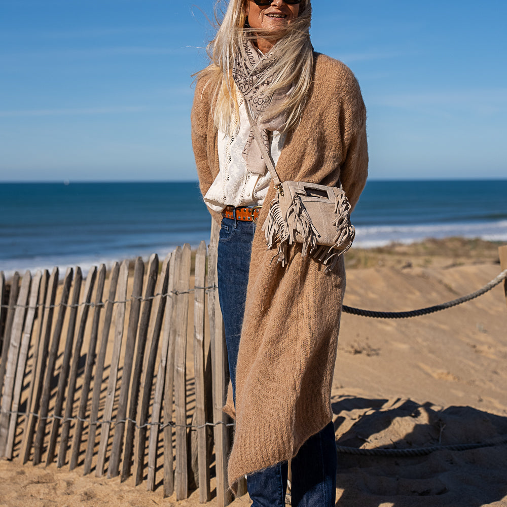 mini sac en cuir bandoulière et frange beige