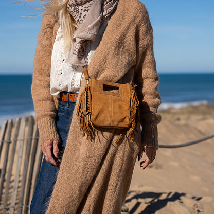 mini sac bandoulière en cuir camel et frange