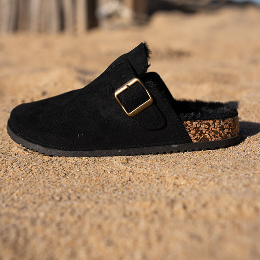 mule sabot en suédine fourrée noir