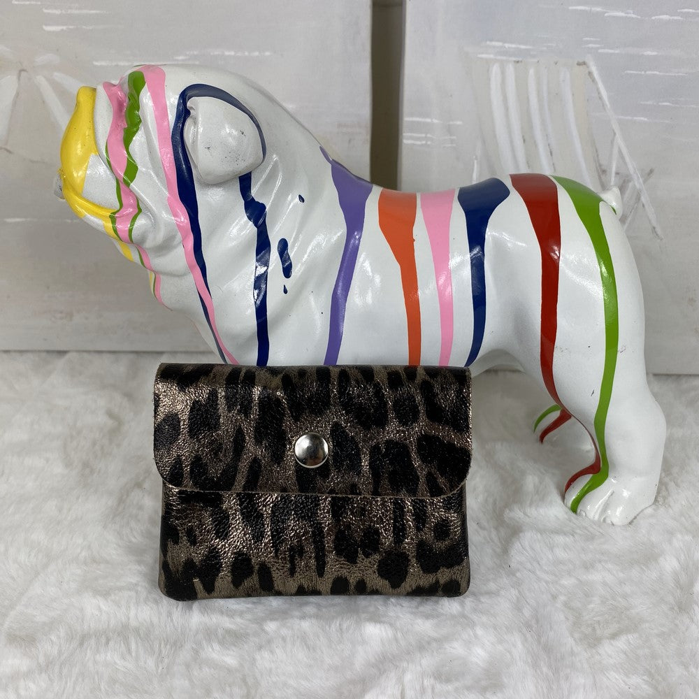 porte monnaie en cuir metallise brillant leopard