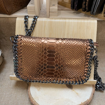 Sac pochette rectangulaire Morgane avec bandoulière en cuir bronze métallisé