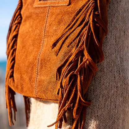 sac bandoulière en cuir camel et franges