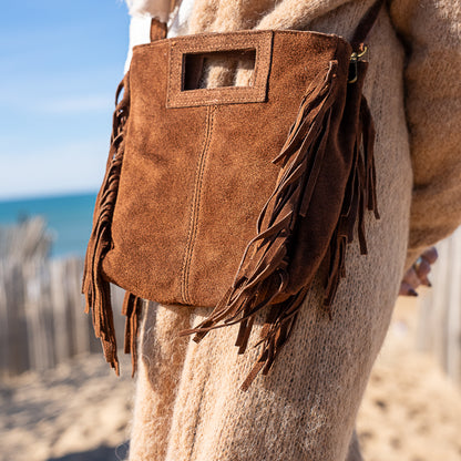 sac bandoulière en cuir caramel et franges
