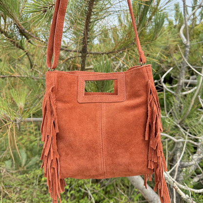 sac bandoulière en cuir brique avec franges