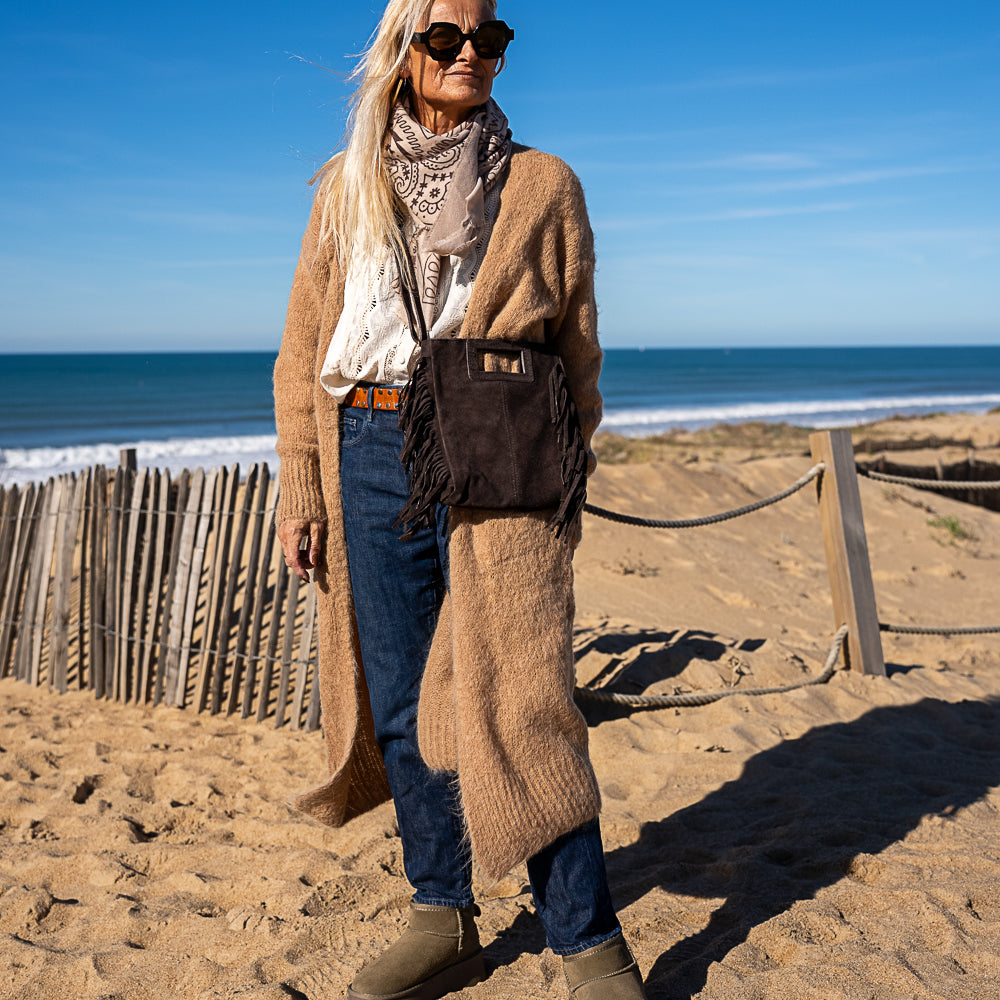 sac bandoulière en cuir cafe frange