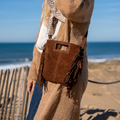 sac bandoulière en cuir caramel et frange