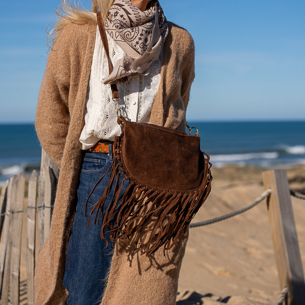 sac bandoulière en cuir chocolat longue frange bohème